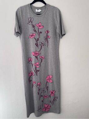 Tanya Taylor Heather Grey Midi T-Shirt Dress with Pink Floral Print